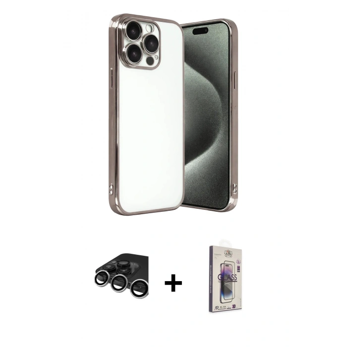 MARSİLYAN™- iPhone 15 Pro Max Kılıf Vadi Minimal - Siyah Bilvis 3D Cam Ekran Koruyucu + Raze Metal Kamera Lens - GS