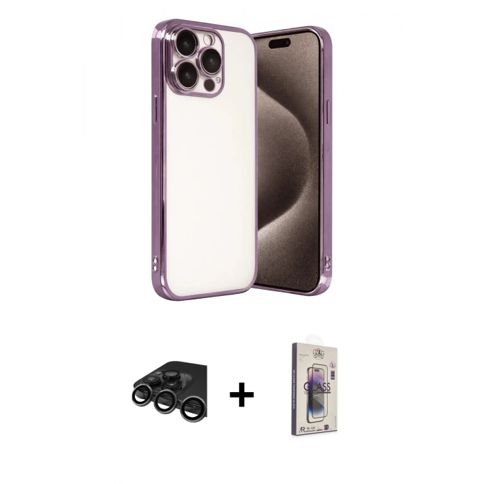 MARSİLYAN™- iPhone 15 Pro Max Kılıf Vadi Minimal - Siyah Bilvis 3D Cam Ekran Koruyucu + Raze Metal Kamera Lens - TMGI