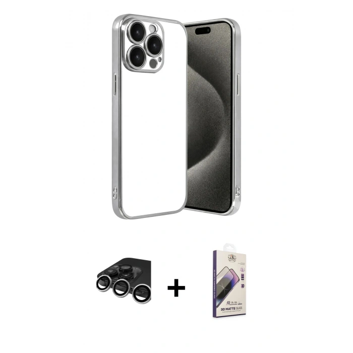 MARSİLYAN™- iPhone 15 Pro Max Kılıf Vadi Minimal - Siyah Bilvis 3D Mat Cam Ekran Koruyucu + Raze Metal Kamera Lens - GS
