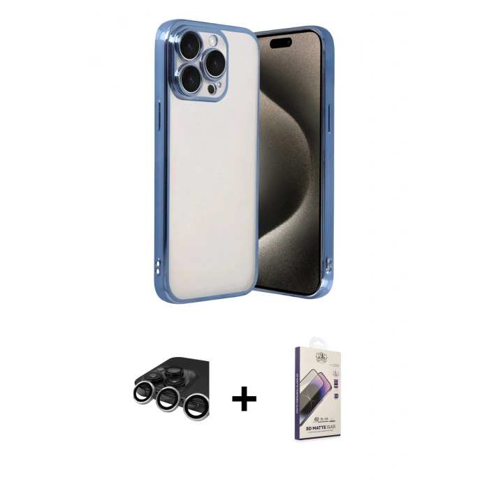 MARSİLYAN™- iPhone 15 Pro Max Kılıf Vadi Minimal - Siyah Bilvis 3D Mat Cam Ekran Koruyucu + Raze Metal Kamera Lens - GS