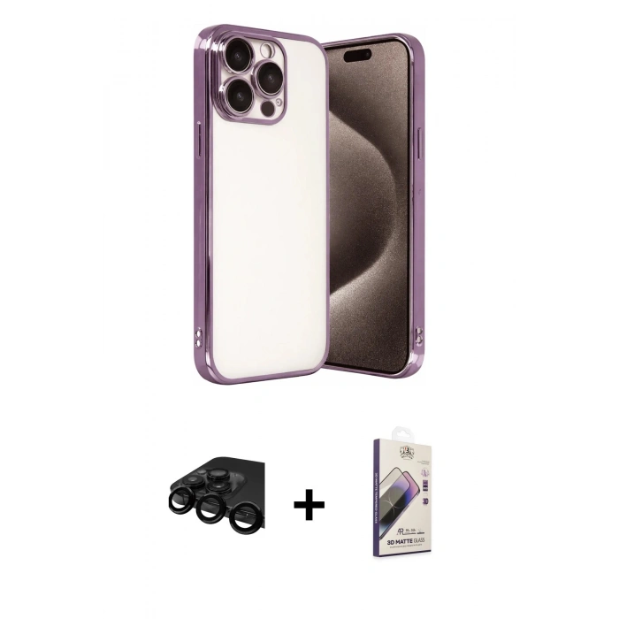 MARSİLYAN™- iPhone 15 Pro Max Kılıf Vadi Minimal - Siyah Bilvis 3D Mat Cam Ekran Koruyucu + Raze Metal Kamera Lens - SH