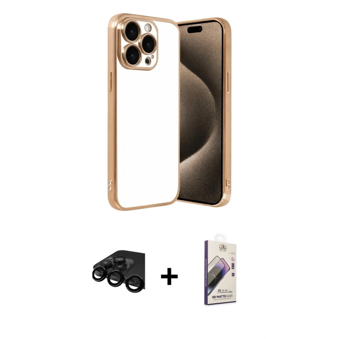 MARSİLYAN™- iPhone 15 Pro Max Kılıf Vadi Minimal - Siyah Bilvis 3D Mat Cam Ekran Koruyucu + Raze Metal Kamera Lens - SH