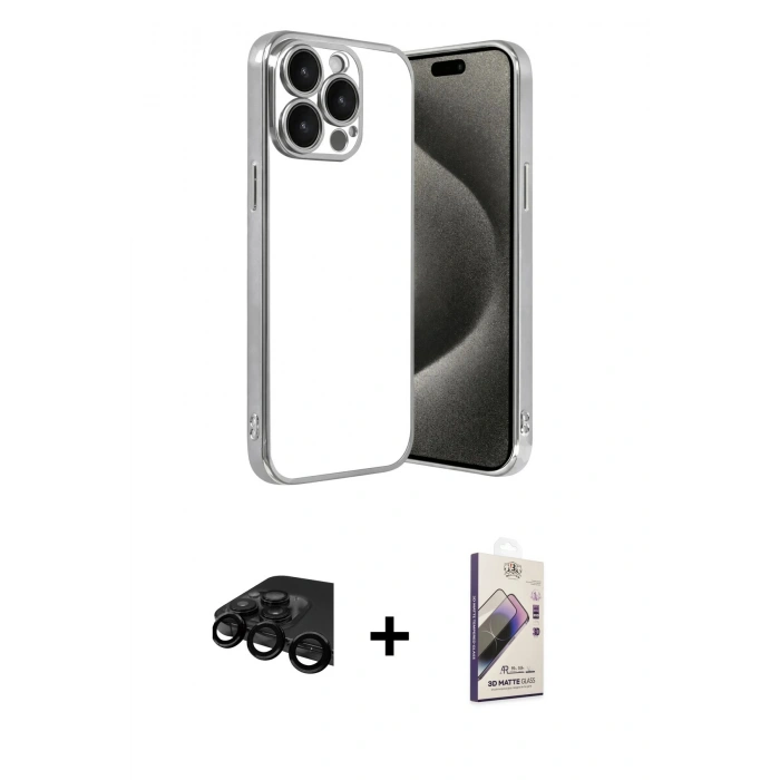 MARSİLYAN™- iPhone 15 Pro Max Kılıf Vadi Minimal - Siyah Bilvis 3D Mat Cam Ekran Koruyucu + Raze Metal Kamera Lens - SH