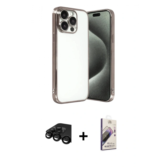 MARSİLYAN™- iPhone 15 Pro Max Kılıf Vadi Minimal - Siyah Bilvis 3D Mat Cam Ekran Koruyucu + Raze Metal Kamera Lens - SH