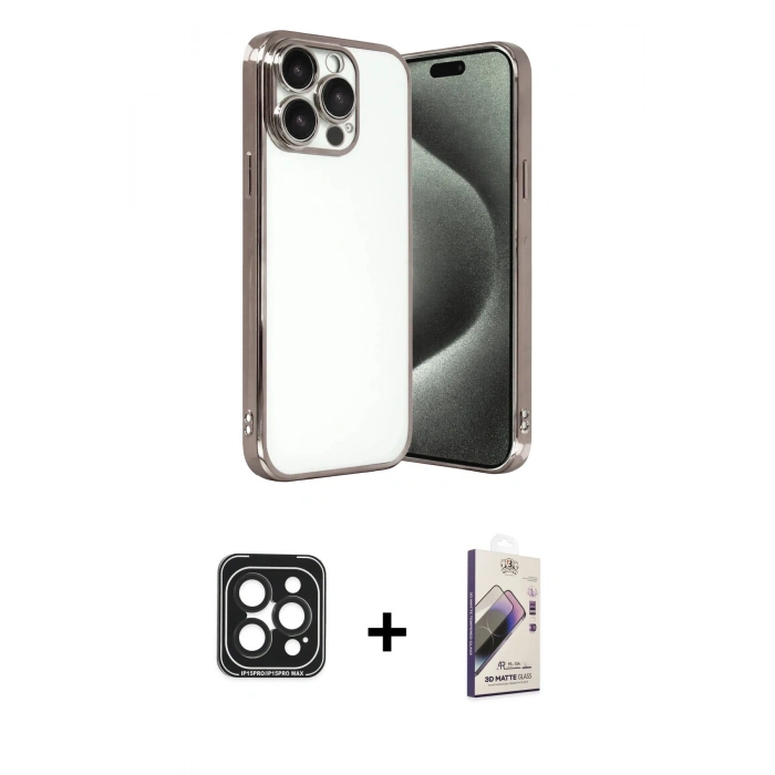 MARSİLYAN™- iPhone 15 Pro Max Kılıf Vadi Minimal - Siyah Bilvis 3D Mat Cam Ekran Koruyucu + PVD Metal Kamera Lens - SH