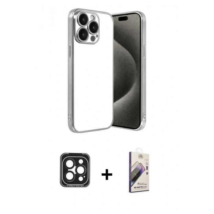 MARSİLYAN™- iPhone 15 Pro Max Kılıf Vadi Minimal - Siyah Bilvis 3D Mat Cam Ekran Koruyucu + PVD Metal Kamera Lens - SH