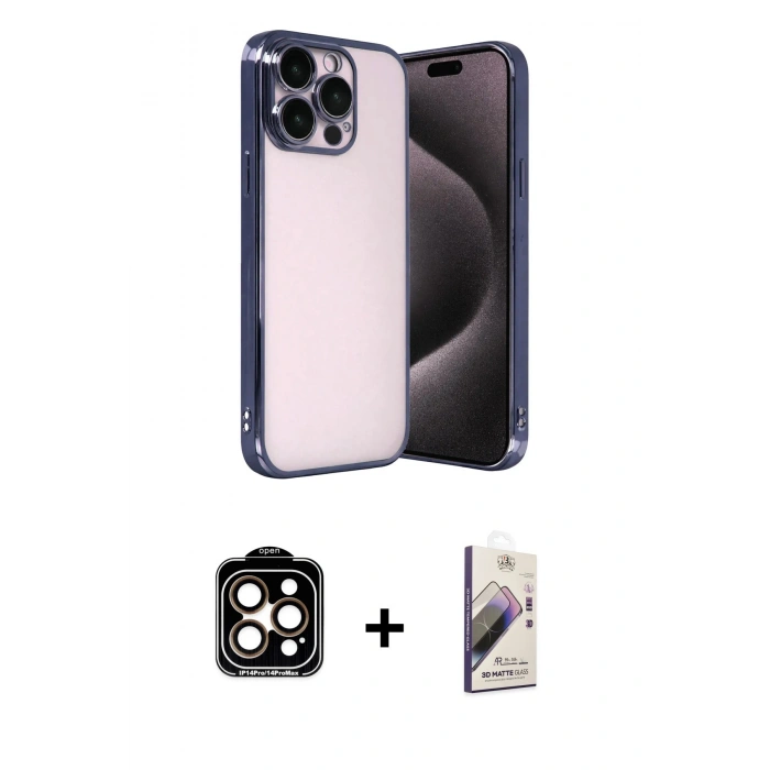 MARSİLYAN™- iPhone 15 Pro Max Kılıf Vadi Minimal - Siyah Bilvis 3D Mat Cam Ekran Koruyucu + Turuncu PVD Metal Kamera Lens