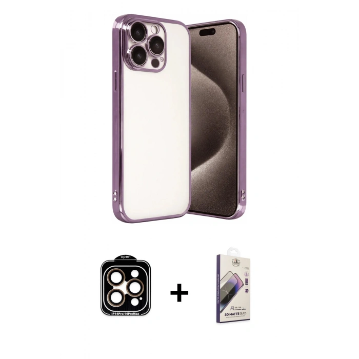 MARSİLYAN™- iPhone 15 Pro Max Kılıf Vadi Minimal - Siyah Bilvis 3D Mat Cam Ekran Koruyucu + Turuncu PVD Metal Kamera Lens