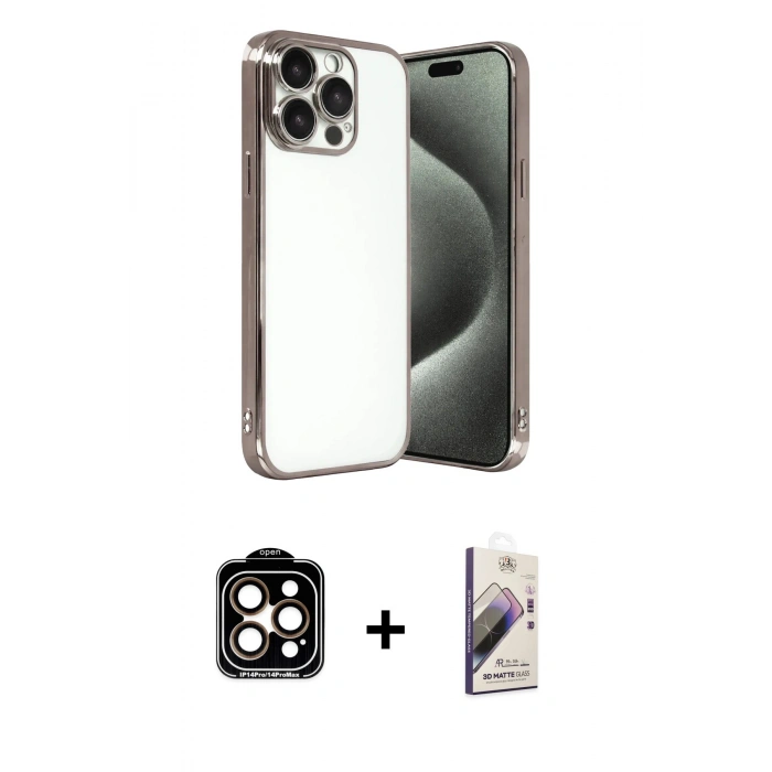 MARSİLYAN™- iPhone 15 Pro Max Kılıf Vadi Minimal - Siyah Bilvis 3D Mat Cam Ekran Koruyucu + Turuncu PVD Metal Kamera Lens