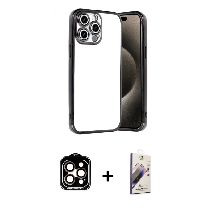 MARSİLYAN™- iPhone 15 Pro Max Kılıf Vadi Minimal - Siyah Bilvis 3D Mat Cam Ekran Koruyucu + Turuncu PVD Metal Kamera Lens