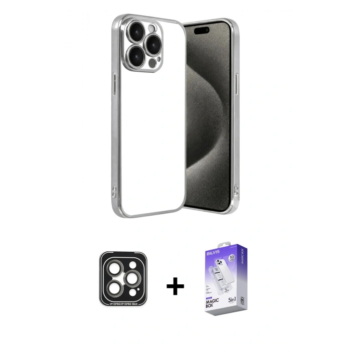 MARSİLYAN™- iPhone 15 Pro Max Kılıf Vadi Minimal - Siyah Bilvis 5in1 3D Magic Cam Ekran Koruyucu + PVD Metal Kamera Lens - GI