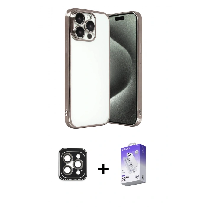 MARSİLYAN™- iPhone 15 Pro Max Kılıf Vadi Minimal - Siyah Bilvis 5in1 3D Magic Cam Ekran Koruyucu + PVD Metal Kamera Lens - GI