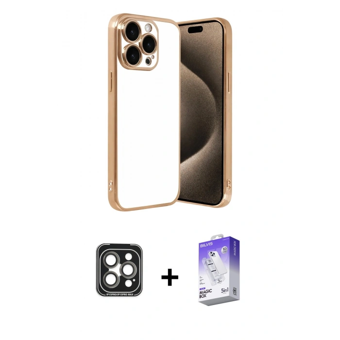 MARSİLYAN™- iPhone 15 Pro Max Kılıf Vadi Minimal - Siyah Bilvis 5in1 3D Magic Cam Ekran Koruyucu + PVD Metal Kamera Lens - GI