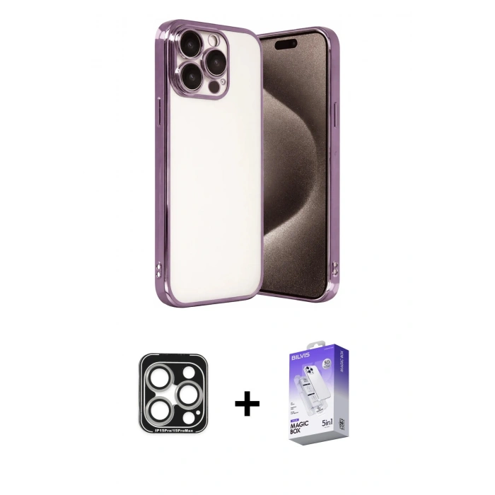 MARSİLYAN™- iPhone 15 Pro Max Kılıf Vadi Minimal - Siyah Bilvis 5in1 3D Magic Cam Ekran Koruyucu + PVD Metal Kamera Lens - GS