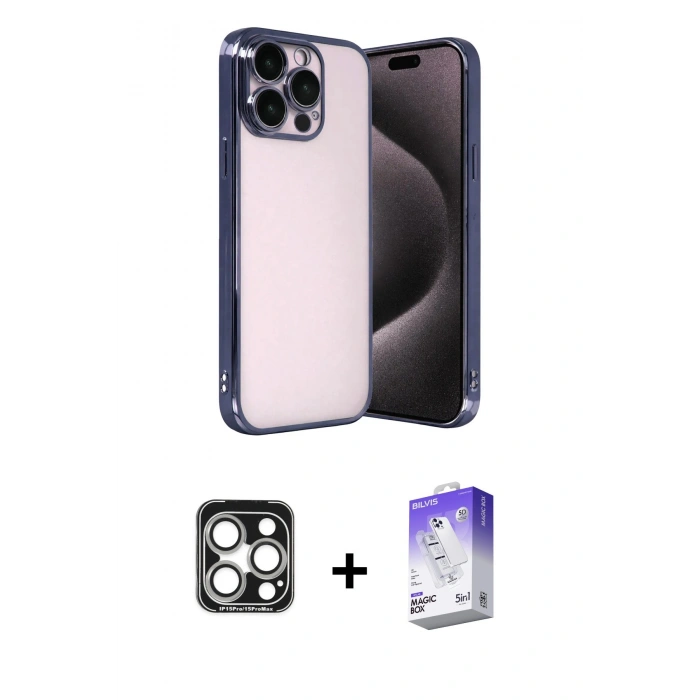 MARSİLYAN™- iPhone 15 Pro Max Kılıf Vadi Minimal - Siyah Bilvis 5in1 3D Magic Cam Ekran Koruyucu + PVD Metal Kamera Lens - GS