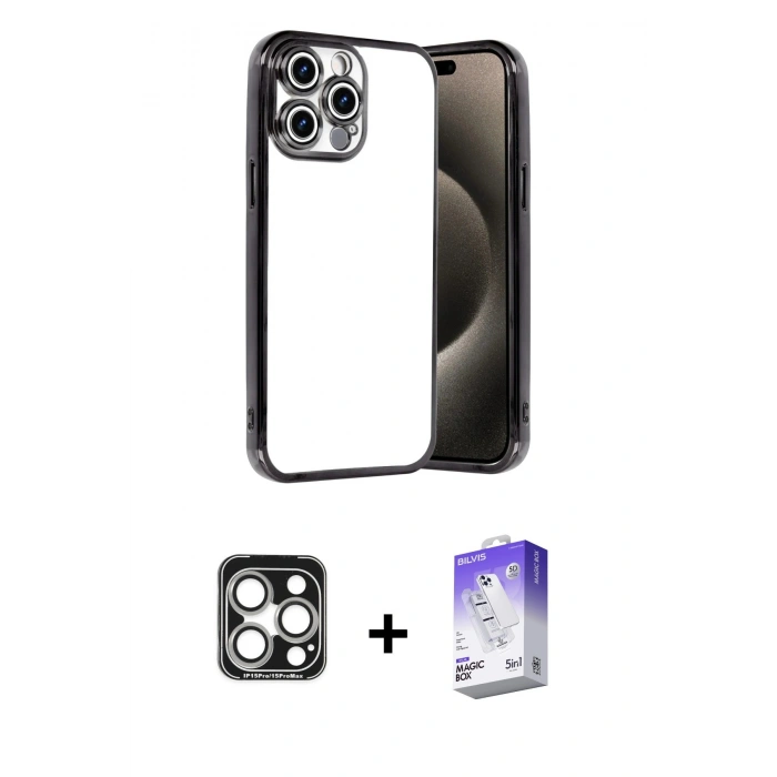 MARSİLYAN™- iPhone 15 Pro Max Kılıf Vadi Minimal - Siyah Bilvis 5in1 3D Magic Cam Ekran Koruyucu + PVD Metal Kamera Lens - GS