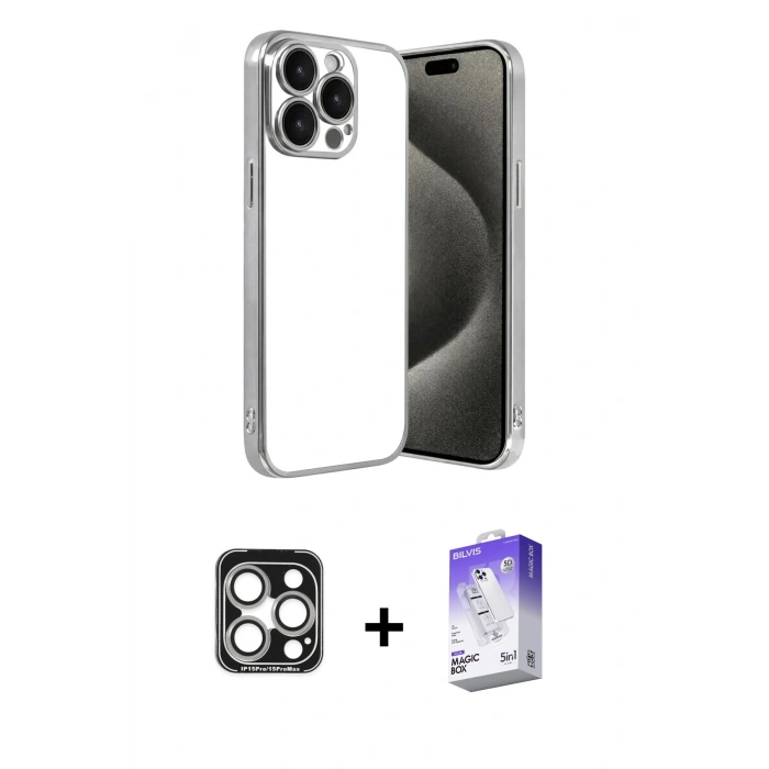 MARSİLYAN™- iPhone 15 Pro Max Kılıf Vadi Minimal - Siyah Bilvis 5in1 3D Magic Cam Ekran Koruyucu + PVD Metal Kamera Lens - GS