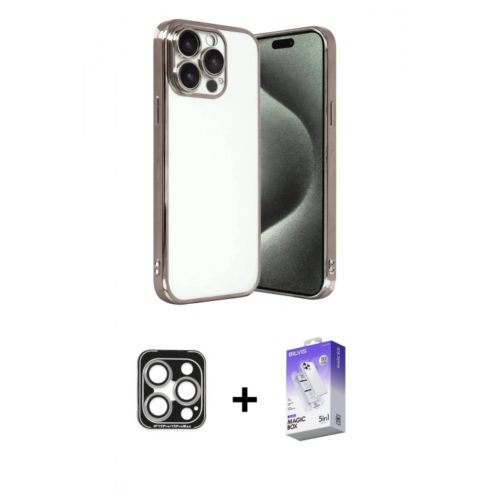 MARSİLYAN™- iPhone 15 Pro Max Kılıf Vadi Minimal - Siyah Bilvis 5in1 3D Magic Cam Ekran Koruyucu + PVD Metal Kamera Lens - GS
