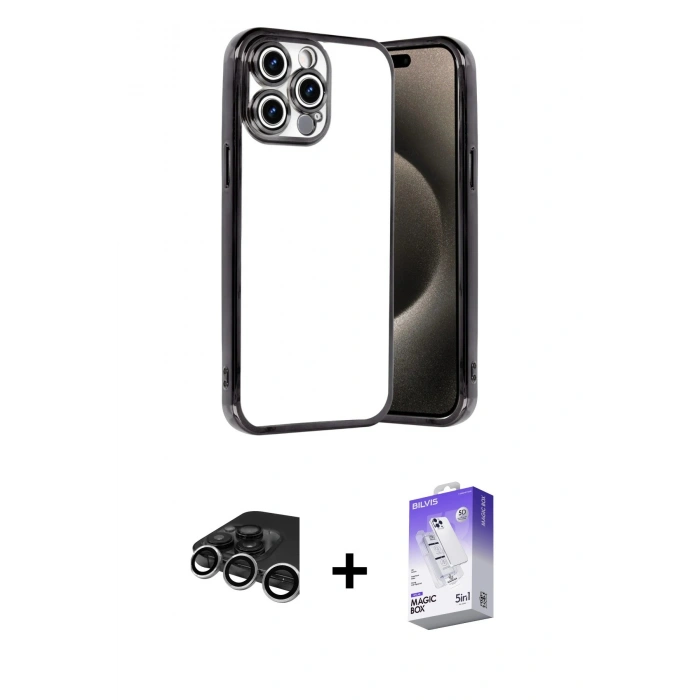 MARSİLYAN™- iPhone 15 Pro Max Kılıf Vadi Minimal - Siyah Bilvis 5in1 3D Magic Cam Ekran Koruyucu + Gümüş Raze Metal Kamera Lens