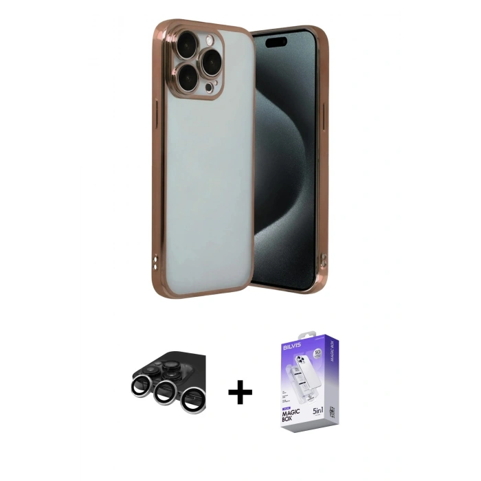 MARSİLYAN™- iPhone 15 Pro Max Kılıf Vadi Minimal - Siyah Bilvis 5in1 3D Magic Cam Ekran Koruyucu + Gümüş Raze Metal Kamera Lens