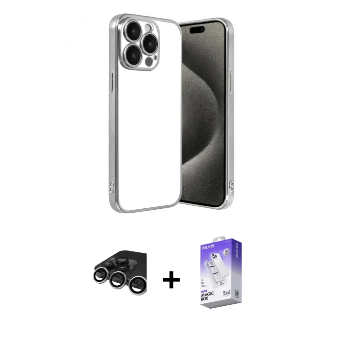 MARSİLYAN™- iPhone 15 Pro Max Kılıf Vadi Minimal - Siyah Bilvis 5in1 3D Magic Cam Ekran Koruyucu + Gümüş Raze Metal Kamera Lens