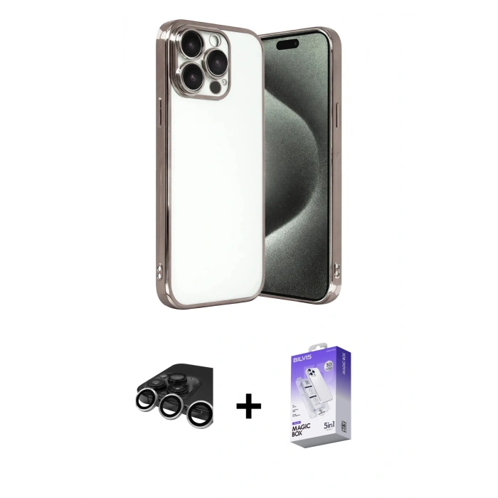 MARSİLYAN™- iPhone 15 Pro Max Kılıf Vadi Minimal - Siyah Bilvis 5in1 3D Magic Cam Ekran Koruyucu + Gümüş Raze Metal Kamera Lens