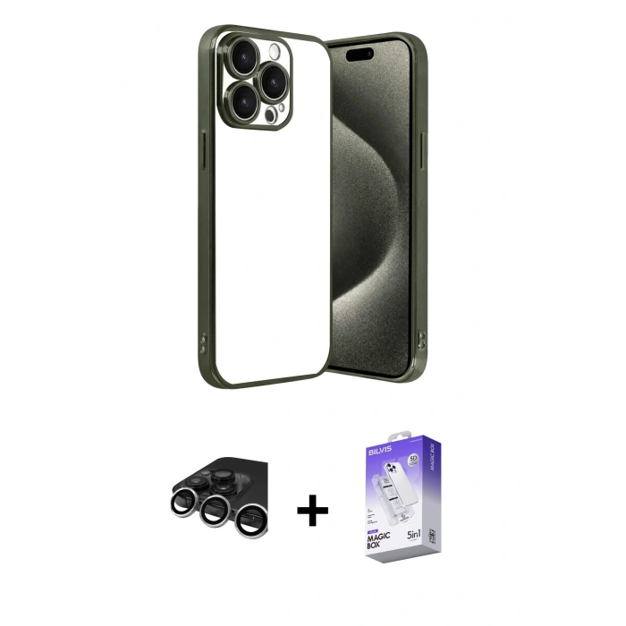 MARSİLYAN™- iPhone 15 Pro Max Kılıf Vadi Minimal - Siyah Bilvis 5in1 3D Magic Cam Ekran Koruyucu + Gümüş Raze Metal Kamera Lens