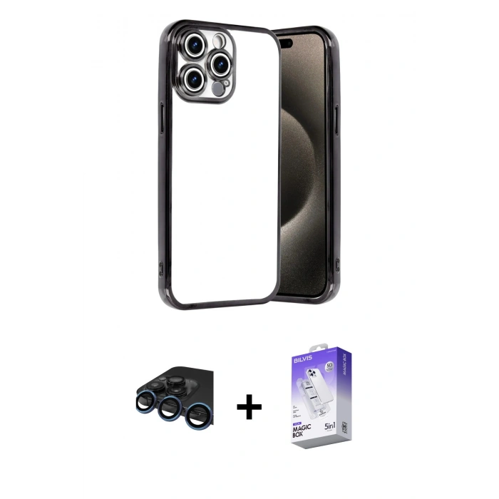 MARSİLYAN™- iPhone 15 Pro Max Kılıf Vadi Minimal - Siyah Bilvis 5in1 3D Magic Cam Ekran Koruyucu + Lacivert Raze Metal Kamera Lens