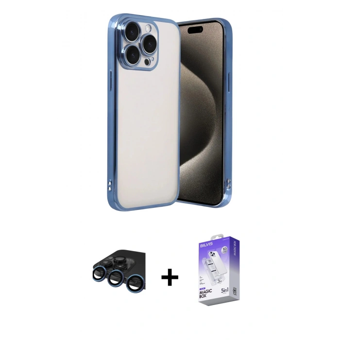 MARSİLYAN™- iPhone 15 Pro Max Kılıf Vadi Minimal - Siyah Bilvis 5in1 3D Magic Cam Ekran Koruyucu + Lacivert Raze Metal Kamera Lens