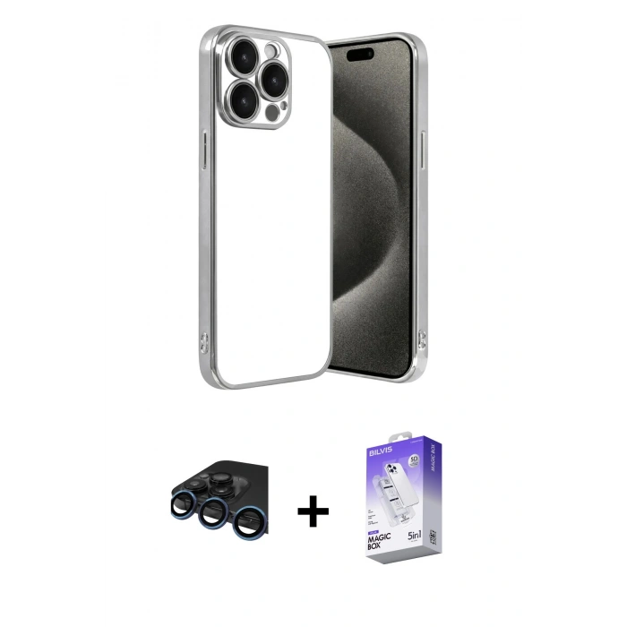 MARSİLYAN™- iPhone 15 Pro Max Kılıf Vadi Minimal - Siyah Bilvis 5in1 3D Magic Cam Ekran Koruyucu + Lacivert Raze Metal Kamera Lens