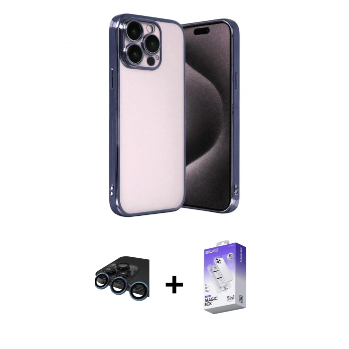 MARSİLYAN™- iPhone 15 Pro Max Kılıf Vadi Minimal - Siyah Bilvis 5in1 3D Magic Cam Ekran Koruyucu + Lacivert Raze Metal Kamera Lens