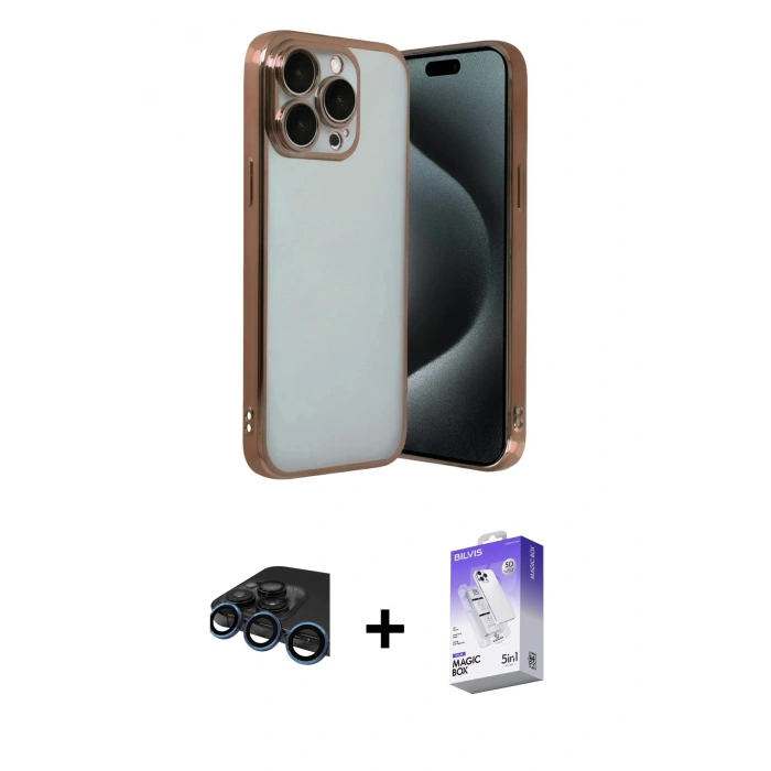 MARSİLYAN™- iPhone 15 Pro Max Kılıf Vadi Minimal - Siyah Bilvis 5in1 3D Magic Cam Ekran Koruyucu + Lacivert Raze Metal Kamera Lens