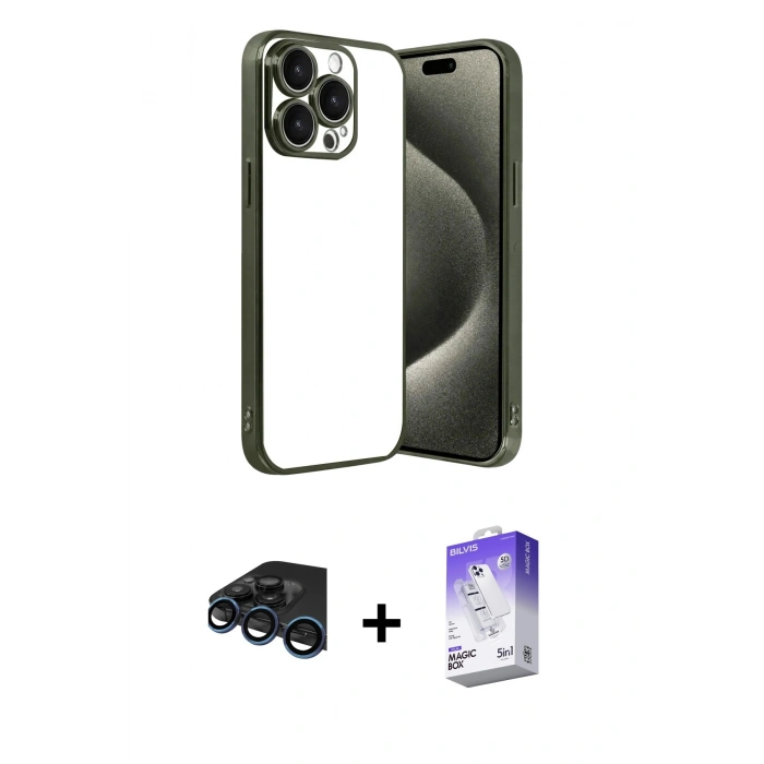 MARSİLYAN™- iPhone 15 Pro Max Kılıf Vadi Minimal - Siyah Bilvis 5in1 3D Magic Cam Ekran Koruyucu + Lacivert Raze Metal Kamera Lens