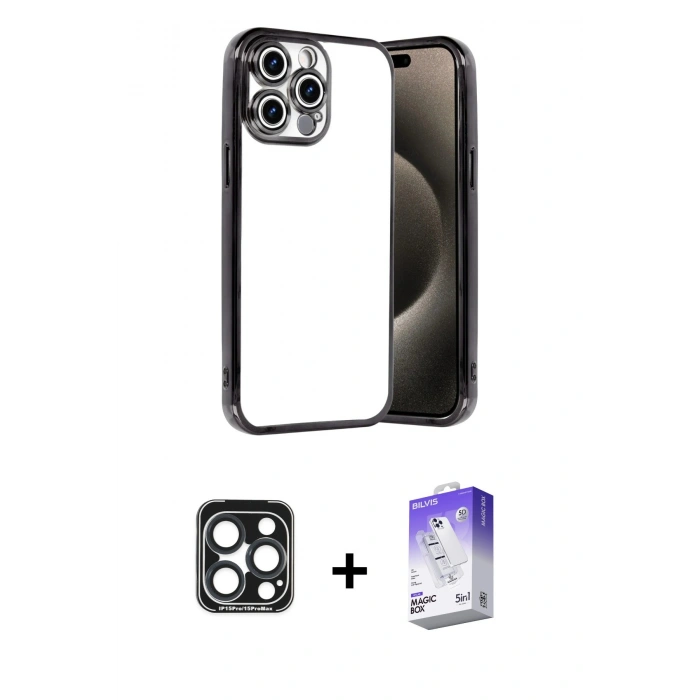 MARSİLYAN™- iPhone 15 Pro Max Kılıf Vadi Minimal - Siyah Bilvis 5in1 3D Magic Cam Ekran Koruyucu + PVD Metal Kamera Lens - LT