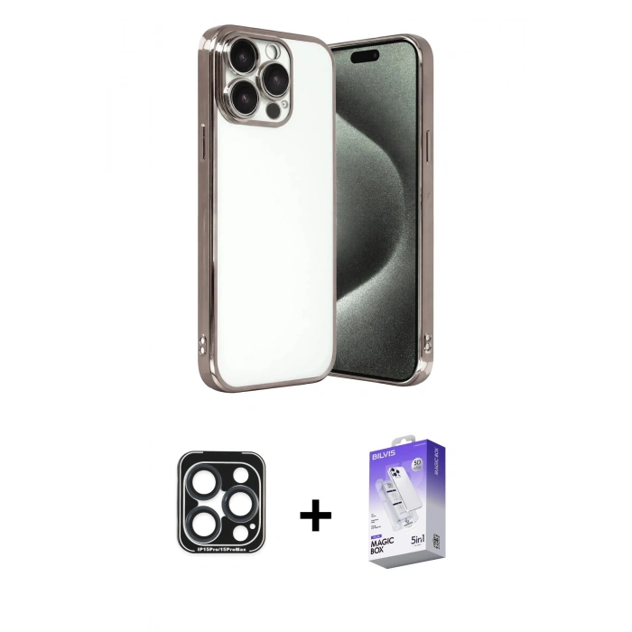 MARSİLYAN™- iPhone 15 Pro Max Kılıf Vadi Minimal - Siyah Bilvis 5in1 3D Magic Cam Ekran Koruyucu + PVD Metal Kamera Lens - LT