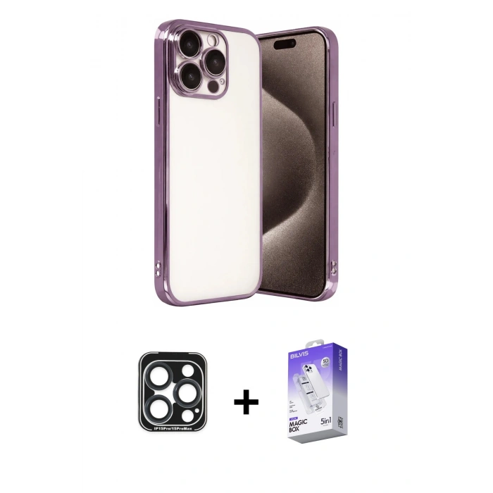 MARSİLYAN™- iPhone 15 Pro Max Kılıf Vadi Minimal - Siyah Bilvis 5in1 3D Magic Cam Ekran Koruyucu + PVD Metal Kamera Lens - LT