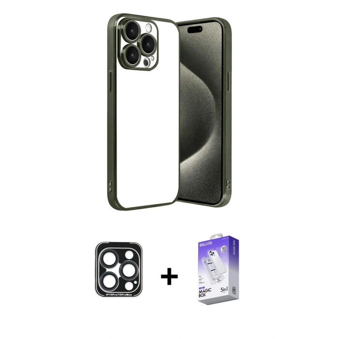 MARSİLYAN™- iPhone 15 Pro Max Kılıf Vadi Minimal - Siyah Bilvis 5in1 3D Magic Cam Ekran Koruyucu + PVD Metal Kamera Lens - LT