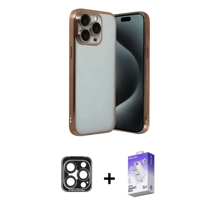 MARSİLYAN™- iPhone 15 Pro Max Kılıf Vadi Minimal - Siyah Bilvis 5in1 3D Magic Cam Ekran Koruyucu + PVD Metal Kamera Lens - LT
