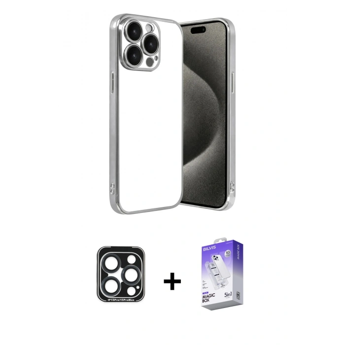 MARSİLYAN™- iPhone 15 Pro Max Kılıf Vadi Minimal - Siyah Bilvis 5in1 3D Magic Cam Ekran Koruyucu + PVD Metal Kamera Lens - LT