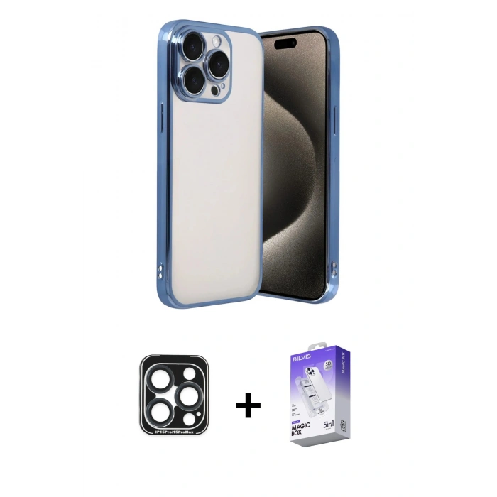 MARSİLYAN™- iPhone 15 Pro Max Kılıf Vadi Minimal - Siyah Bilvis 5in1 3D Magic Cam Ekran Koruyucu + PVD Metal Kamera Lens - LT