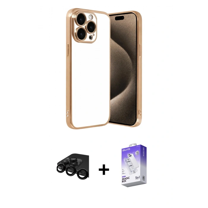 MARSİLYAN™- iPhone 15 Pro Max Kılıf Vadi Minimal - Siyah Bilvis 5in1 3D Magic Cam Ekran Koruyucu + Raze Metal Kamera Lens - SH