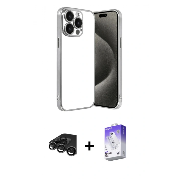 MARSİLYAN™- iPhone 15 Pro Max Kılıf Vadi Minimal - Siyah Bilvis 5in1 3D Magic Cam Ekran Koruyucu + Raze Metal Kamera Lens - TMGI