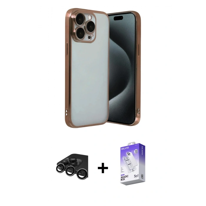 MARSİLYAN™- iPhone 15 Pro Max Kılıf Vadi Minimal - Siyah Bilvis 5in1 3D Magic Cam Ekran Koruyucu + Raze Metal Kamera Lens - TMGI