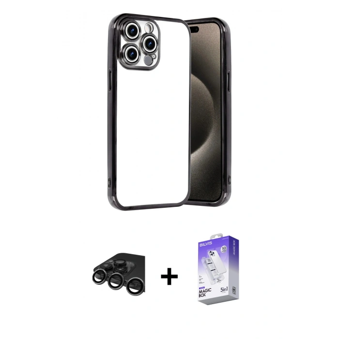 MARSİLYAN™- iPhone 15 Pro Max Kılıf Vadi Minimal - Siyah Bilvis 5in1 3D Magic Cam Ekran Koruyucu + Raze Metal Kamera Lens - TMGI