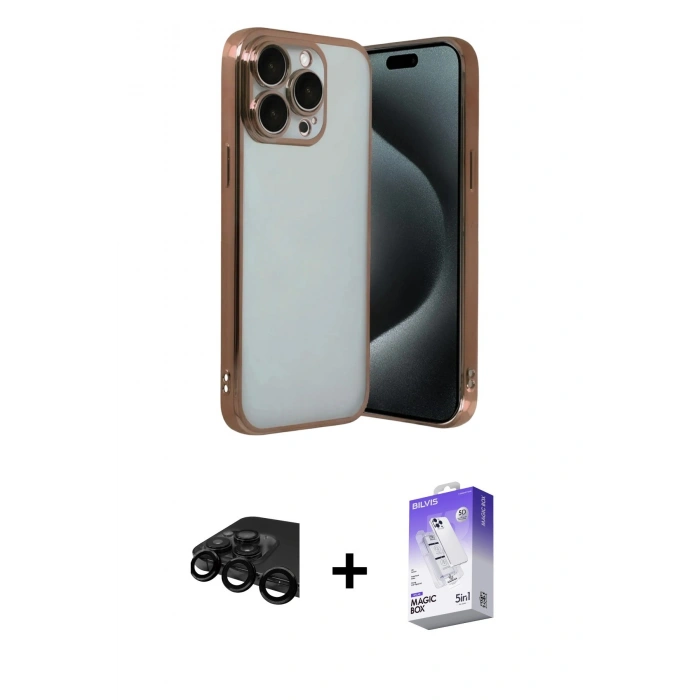 MARSİLYAN™- iPhone 15 Pro Max Kılıf Vadi Minimal - Siyah Bilvis 5in1 3D Magic Cam Ekran Koruyucu + Raze Metal Kamera Lens - SH