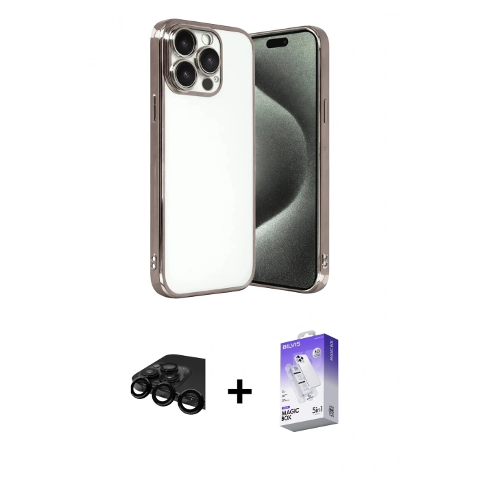 MARSİLYAN™- iPhone 15 Pro Max Kılıf Vadi Minimal - Siyah Bilvis 5in1 3D Magic Cam Ekran Koruyucu + Raze Metal Kamera Lens - SH