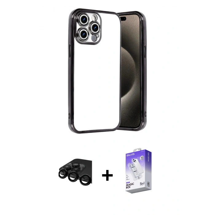 MARSİLYAN™- iPhone 15 Pro Max Kılıf Vadi Minimal - Siyah Bilvis 5in1 3D Magic Cam Ekran Koruyucu + Raze Metal Kamera Lens - SH