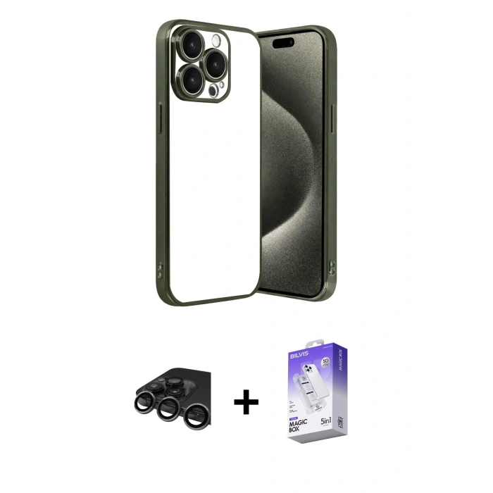 MARSİLYAN™- iPhone 15 Pro Max Kılıf Vadi Minimal - Siyah Bilvis 5in1 3D Magic Cam Ekran Koruyucu + Raze Metal Kamera Lens - TMGI