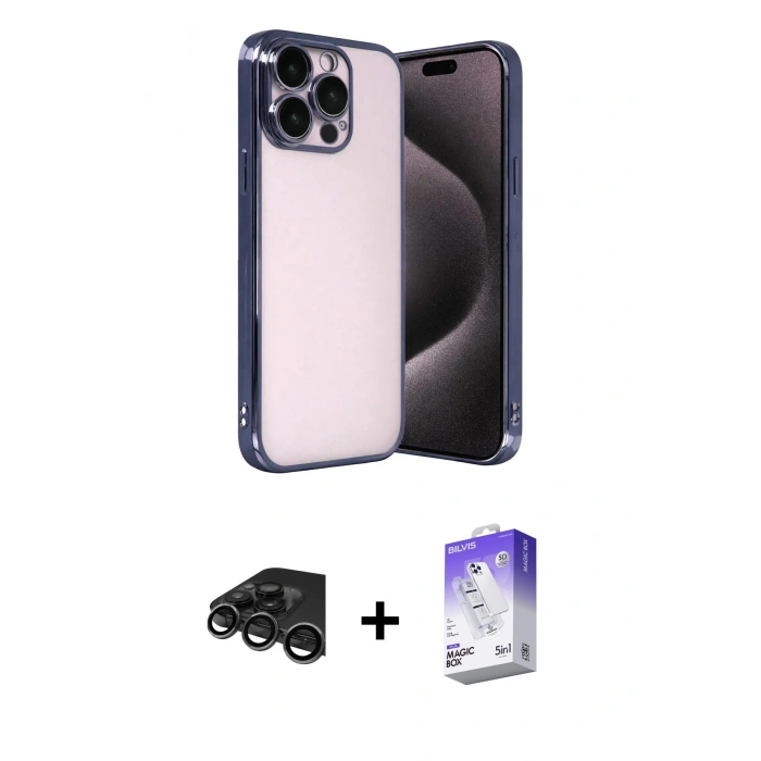 MARSİLYAN™- iPhone 15 Pro Max Kılıf Vadi Minimal - Siyah Bilvis 5in1 3D Magic Cam Ekran Koruyucu + Raze Metal Kamera Lens - TMGI