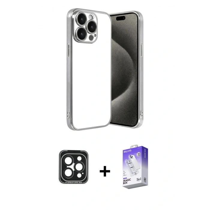 MARSİLYAN™- iPhone 15 Pro Max Kılıf Vadi Minimal - Siyah Bilvis 5in1 3D Magic Cam Ekran Koruyucu + PVD Metal Kamera Lens - SH